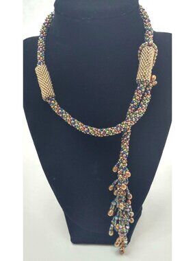 Artisan-Made Lariat Necklace Freshwater Pearls Swarovski Crystals Japanese Beads